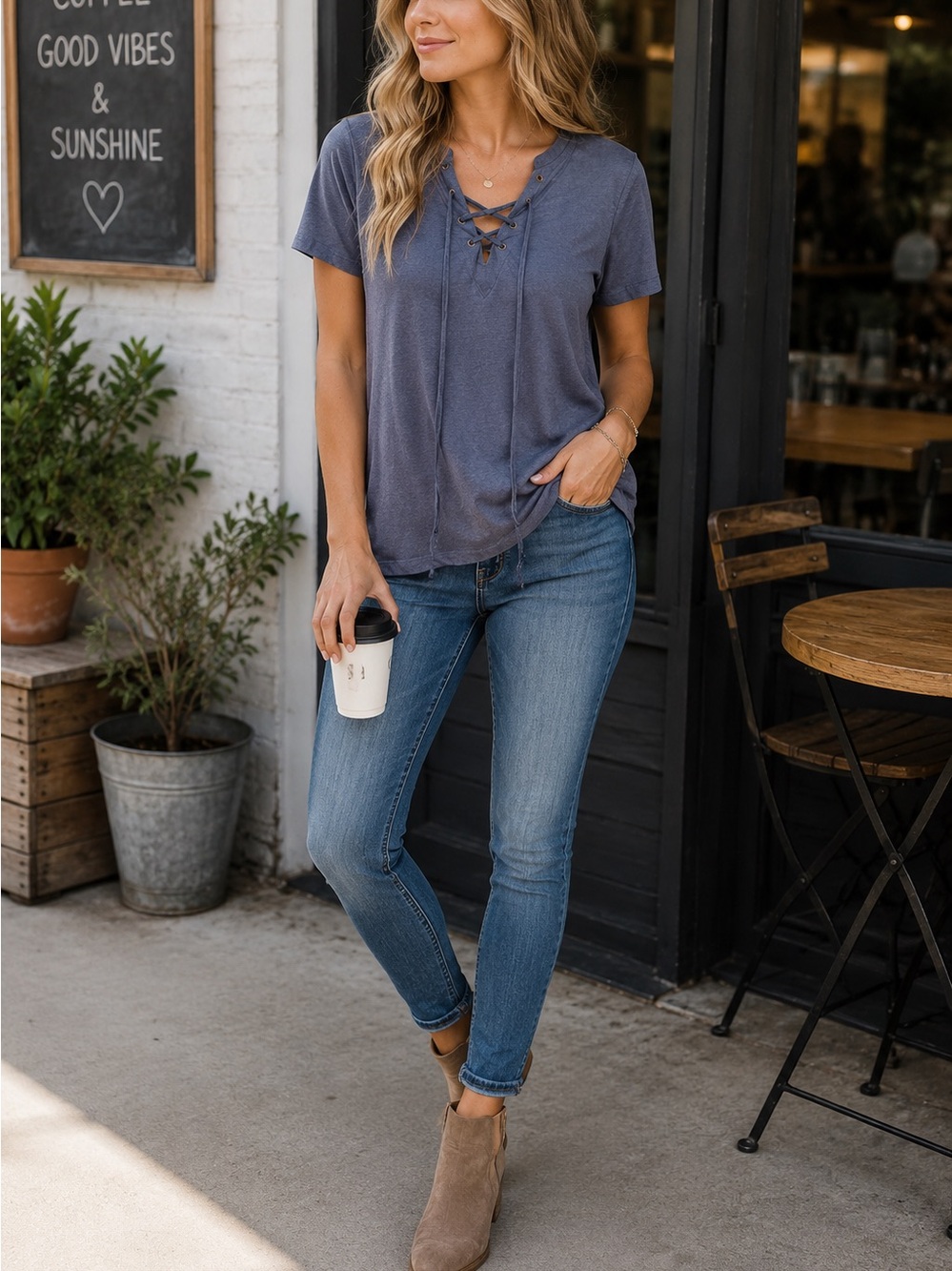 Z Supply Navy Lace-Up Short Sleeve Tee